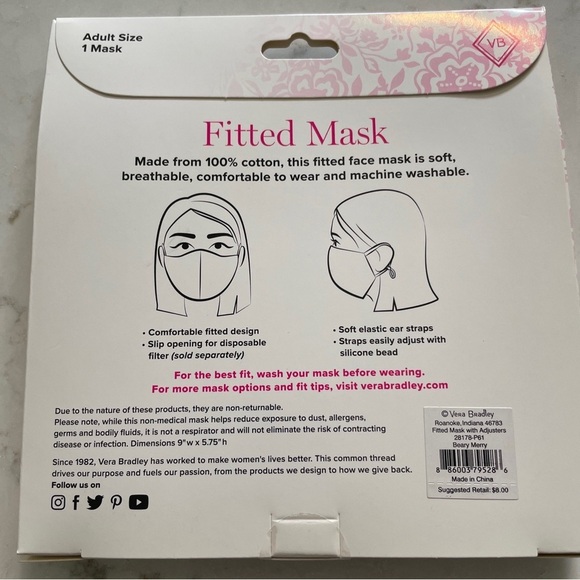 VERA BRADLEY Cotton Face Mask MERRY BEARY New‎ Sealed Bears Christmas Winter - Picture 2 of 2